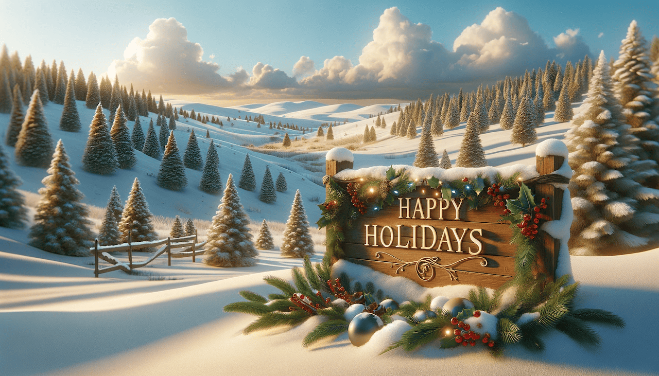 Computer-generated image showing a photorealistic winter landscape with a happy holidays sign