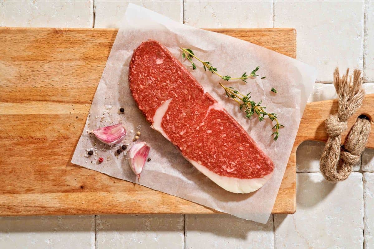 veganes, rohes, Plantrecôte auf Schneidebrett