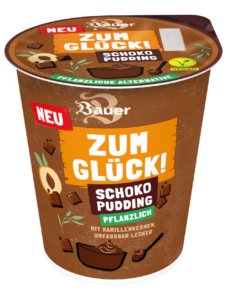 Packshot Schoko Pudding aus der neuen "Zum Glück-Range" von Bauer