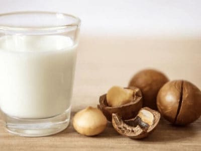 Ein Glas vegane Nussmilch von Milkadamia
