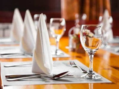 Restaurant Glasses and plates on table in restaurant