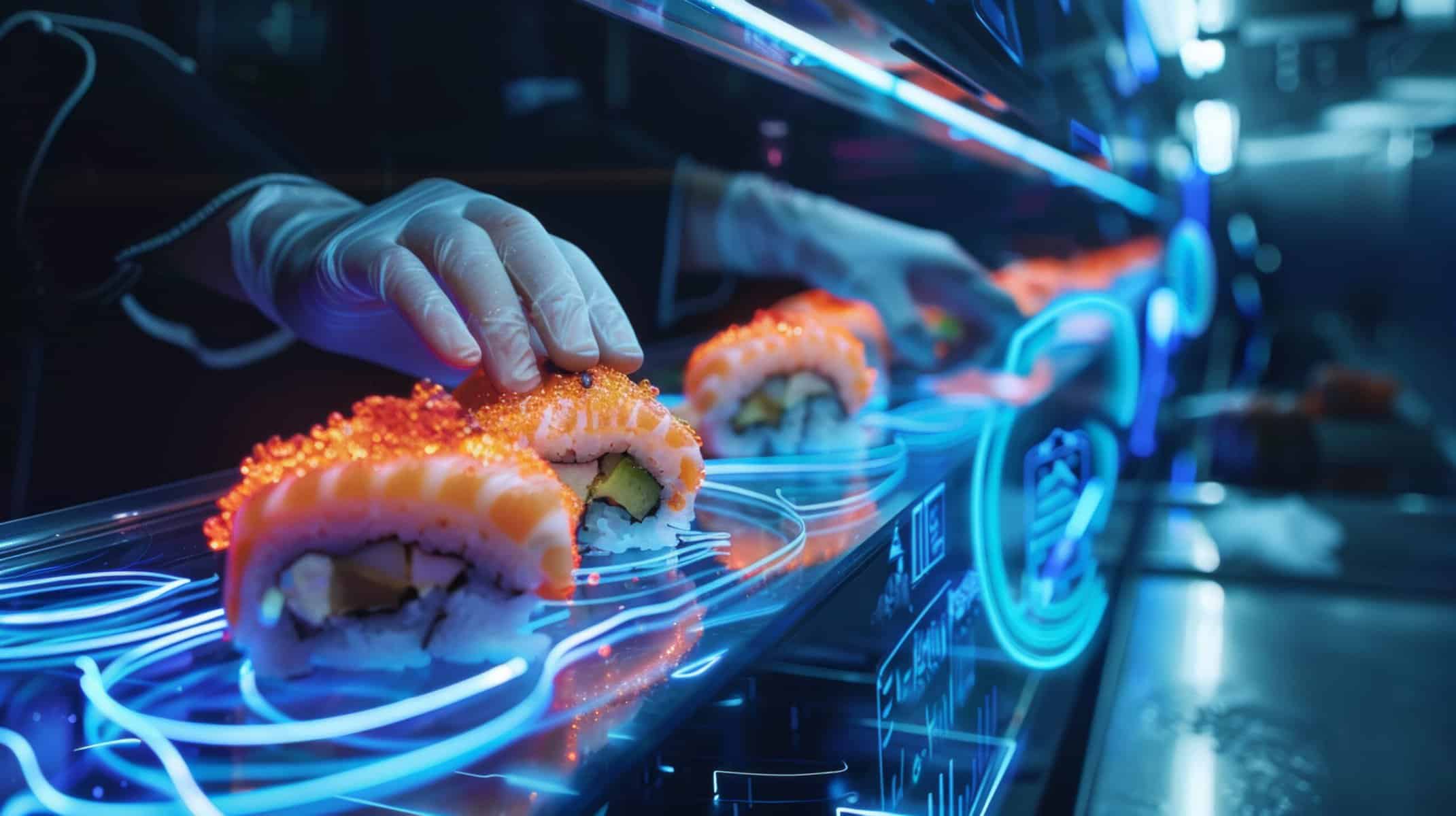 sushi rolls being produced