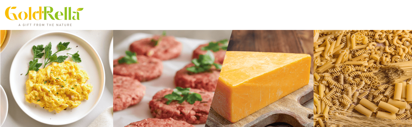 A banner displaying a plate with scrambled eggs, raw burger patties, a cheese wedge, and raw dried pasta.