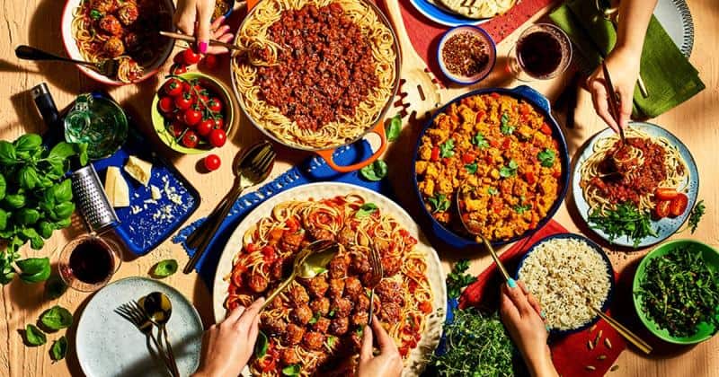 quorn proteins in meatballs, pasta served at a big meal