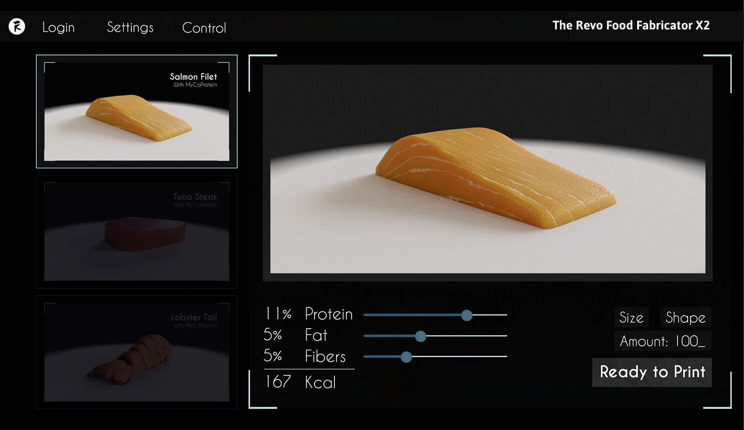 A computer image of a salmon fillet showing parameters such as proteins and fats