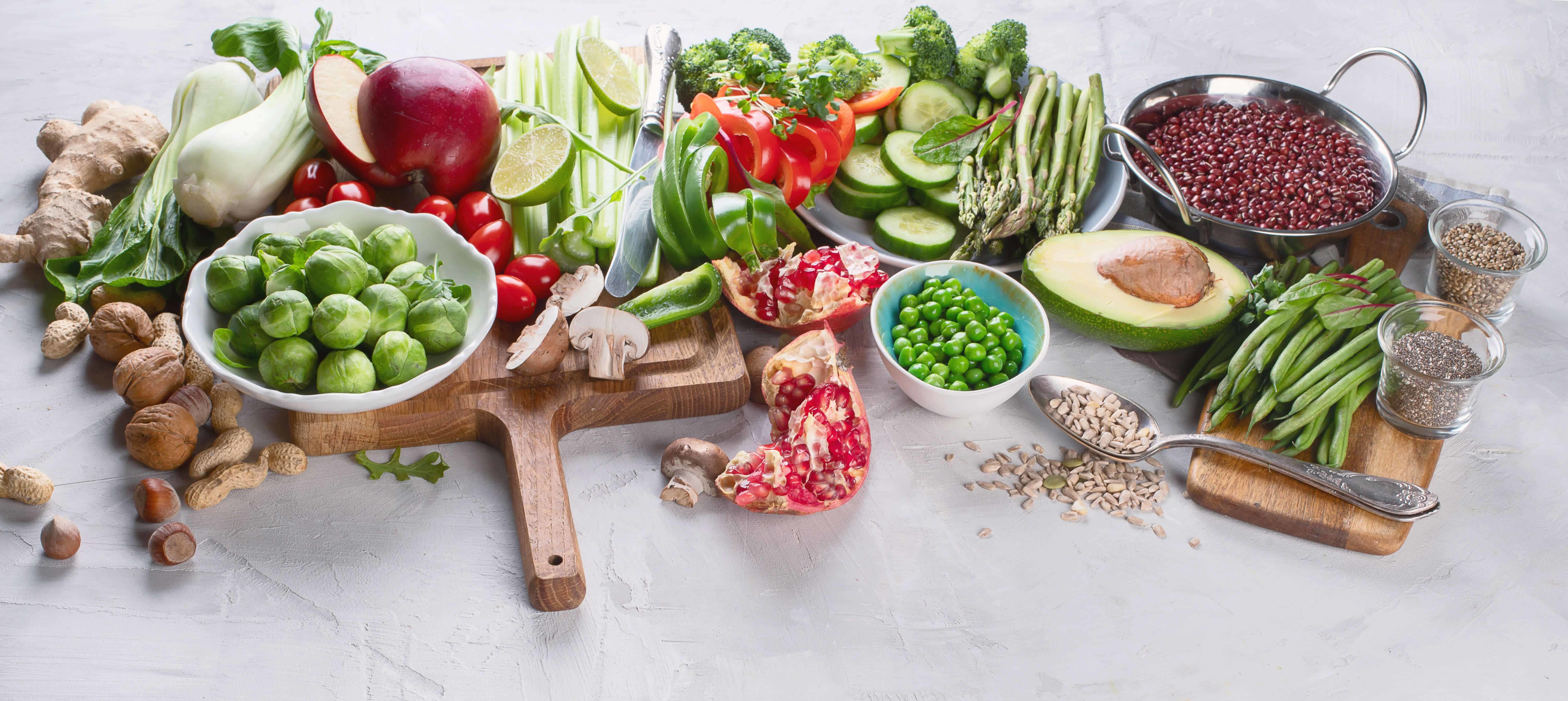 Vegetables, fruit, cereals, beans, superfoods, clean eating WFPB