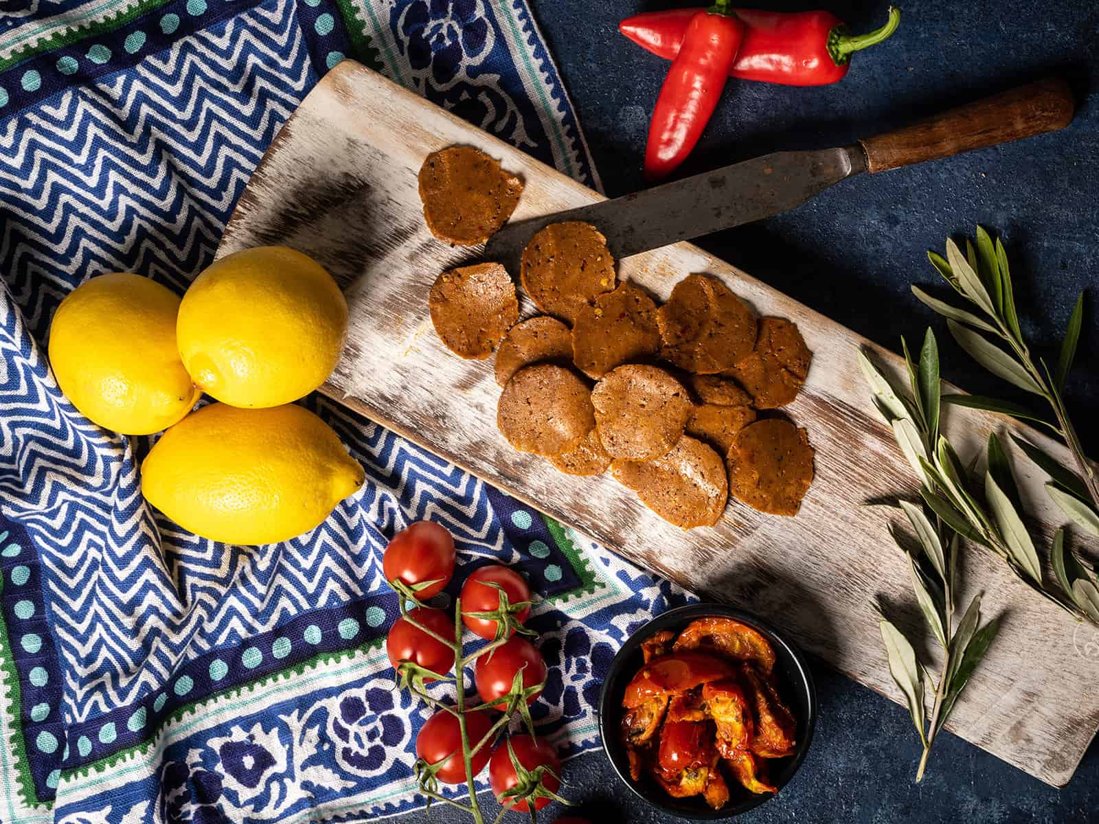 Vegan chorizo on a wooden board