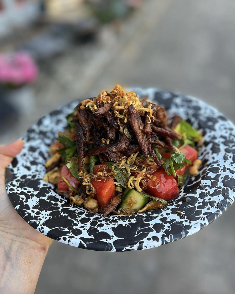 eatplanted plant-based meat used for a plate of meat with watermelon salad